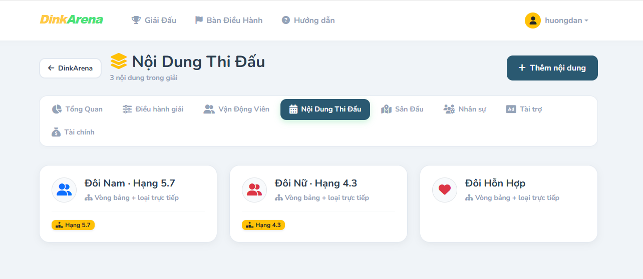 Danh sách nội dung thi đấu trong giải