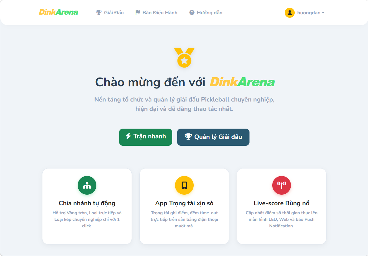 Giao diện trang chủ DinkArena