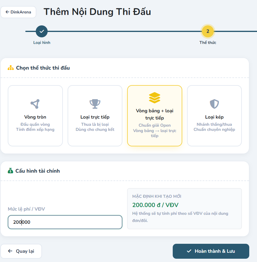 Bước cấu hình thể thức và điểm số