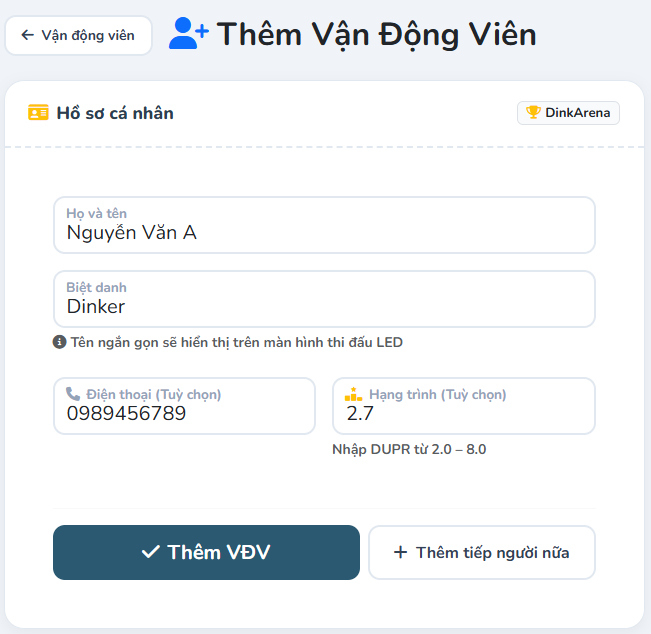 Màn hình kiểm tra và lưu vận động viên